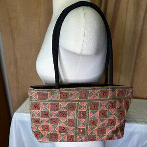 New Embroidered Mirrored Fabric Bag Handcrafted in India, Brown, Pink, Rust